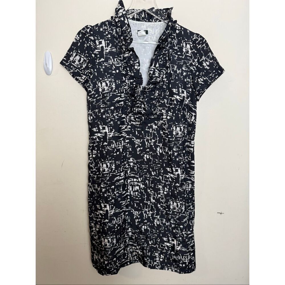 J. Crew Black White Abstract Silk Shift Dress Size 2 Ruffle Collar Short Sleeve